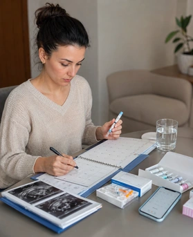 Tüp bebek sürecinde ilaç uygulaması ve takvim planlaması yapan kadın hasta