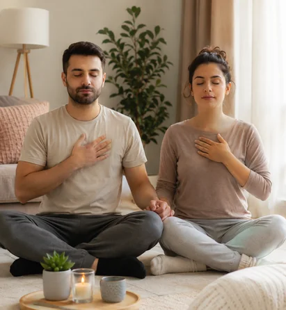 Sakin bir ev ortamında nefes egzersizi ve gevşeme yapan çift