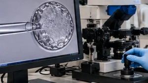 Mikromanipülatör ekranında blastosist ve biyopsi pipeti